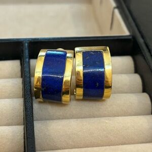 Vintage estate 18k Gold & Lapis hoop earrings
